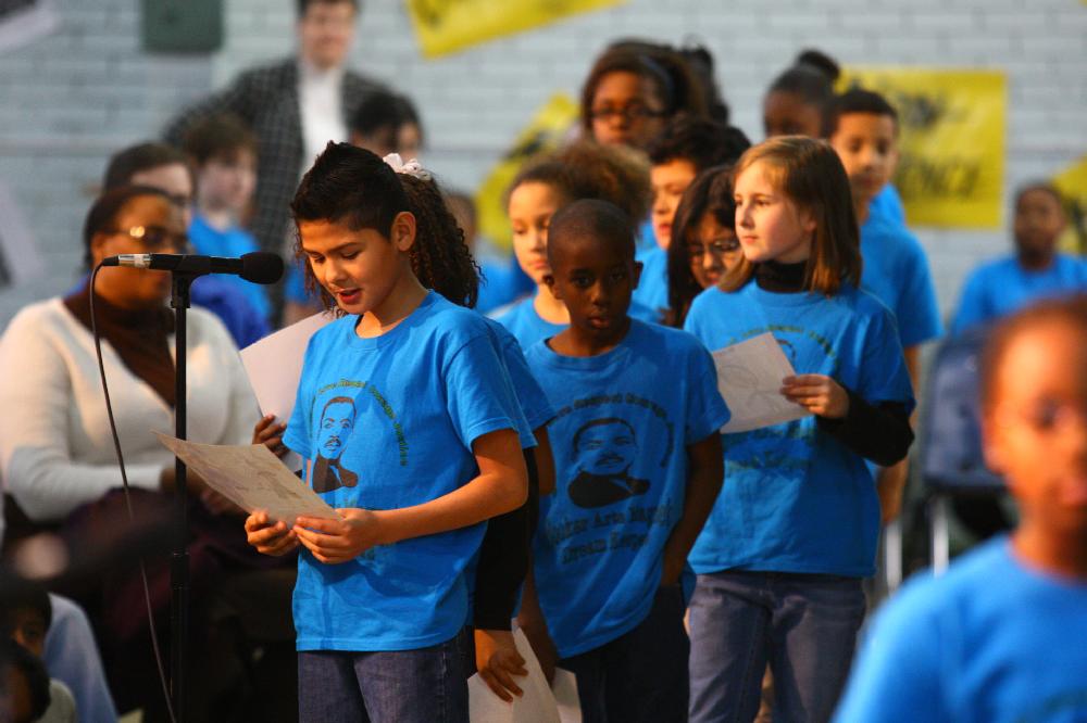 Arkansas Democrat-Gazette/STEPHEN B. THORNTON --1-13-12--
A presentation celebrating of Dr. King's life and work Friday afternoon at Booker Arts Magnet Elementary School in Little Rock. The musical play tin Luther King, Jr. The Story of a Dream