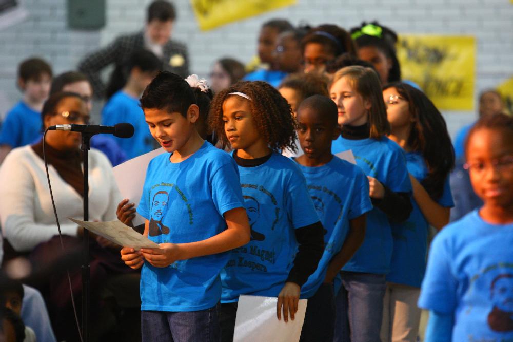 Arkansas Democrat-Gazette/STEPHEN B. THORNTON --1-13-12--
A presentation celebrating of Dr. King's life and work Friday afternoon at Booker Arts Magnet Elementary School in Little Rock. The musical play tin Luther King, Jr. The Story of a Dream