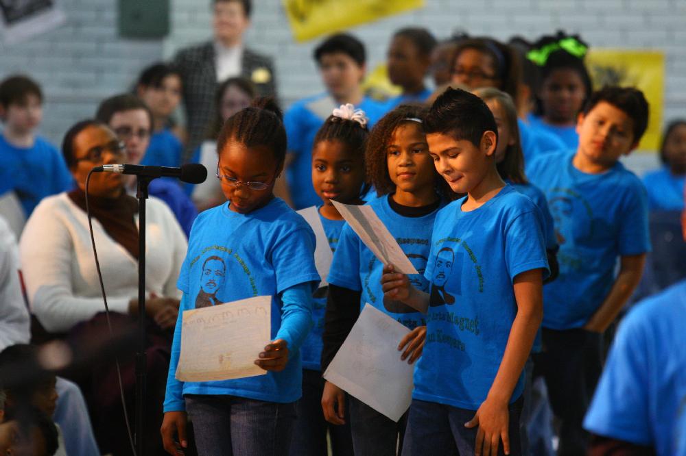 Arkansas Democrat-Gazette/STEPHEN B. THORNTON --1-13-12--
A presentation celebrating of Dr. King's life and work Friday afternoon at Booker Arts Magnet Elementary School in Little Rock. The musical play tin Luther King, Jr. The Story of a Dream