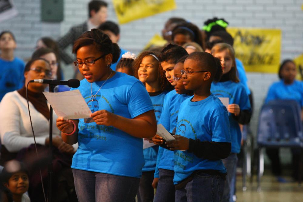 Arkansas Democrat-Gazette/STEPHEN B. THORNTON --1-13-12--
A presentation celebrating of Dr. King's life and work Friday afternoon at Booker Arts Magnet Elementary School in Little Rock. The musical play tin Luther King, Jr. The Story of a Dream