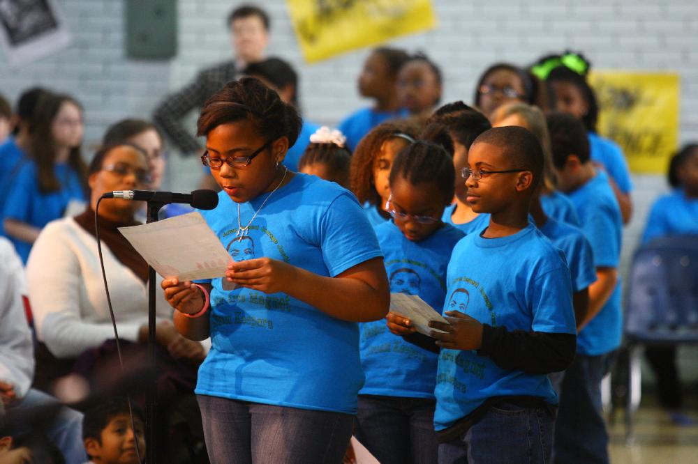 Arkansas Democrat-Gazette/STEPHEN B. THORNTON --1-13-12--
A presentation celebrating of Dr. King's life and work Friday afternoon at Booker Arts Magnet Elementary School in Little Rock. The musical play tin Luther King, Jr. The Story of a Dream