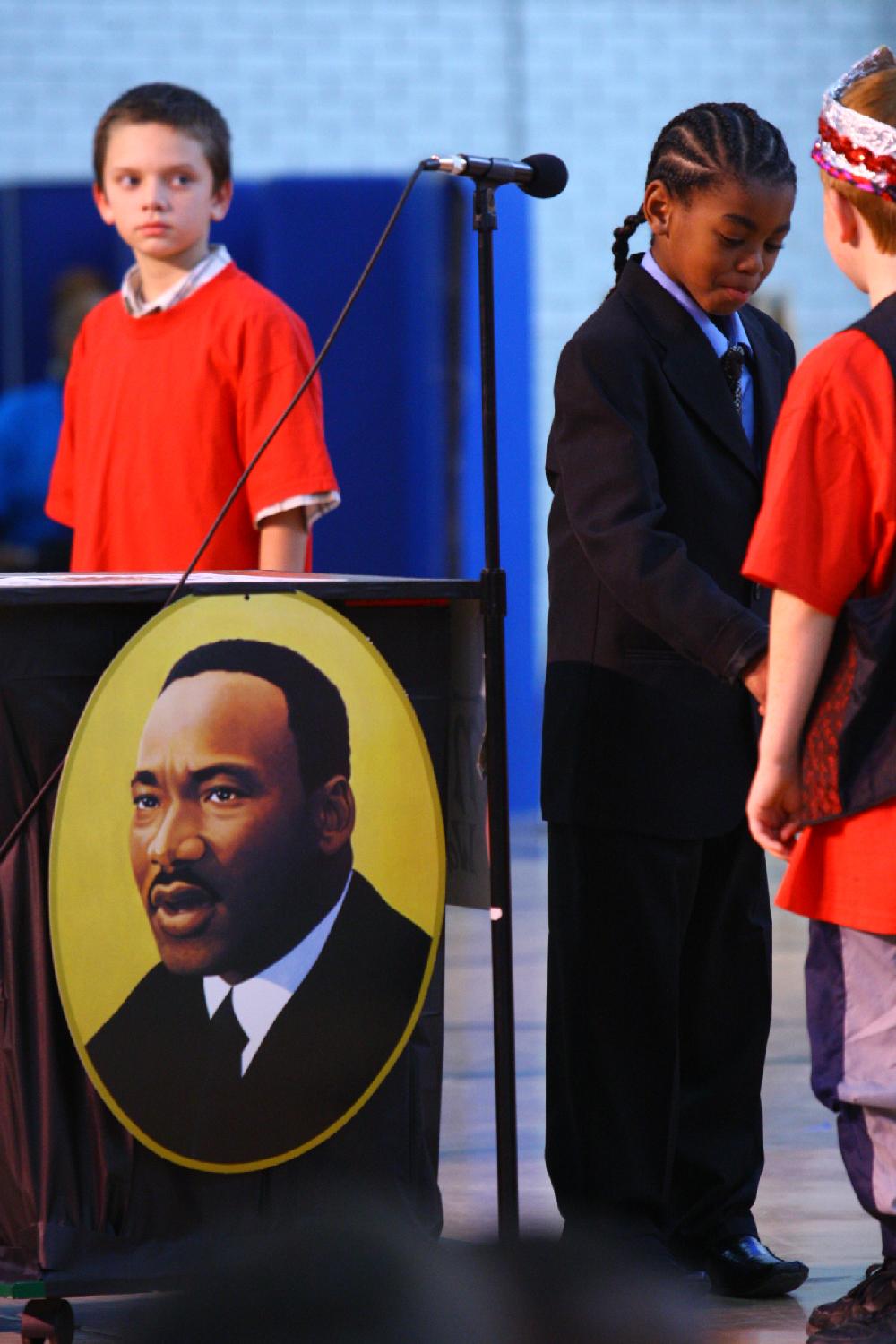 Arkansas Democrat-Gazette/STEPHEN B. THORNTON --1-13-12--
A presentation celebrating of Dr. King's life and work Friday afternoon at Booker Arts Magnet Elementary School in Little Rock. The musical play tin Luther King, Jr. The Story of a Dream