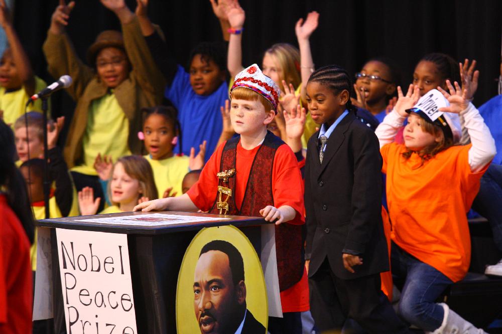 Arkansas Democrat-Gazette/STEPHEN B. THORNTON --1-13-12--
A presentation celebrating of Dr. King's life and work Friday afternoon at Booker Arts Magnet Elementary School in Little Rock. The musical play tin Luther King, Jr. The Story of a Dream
