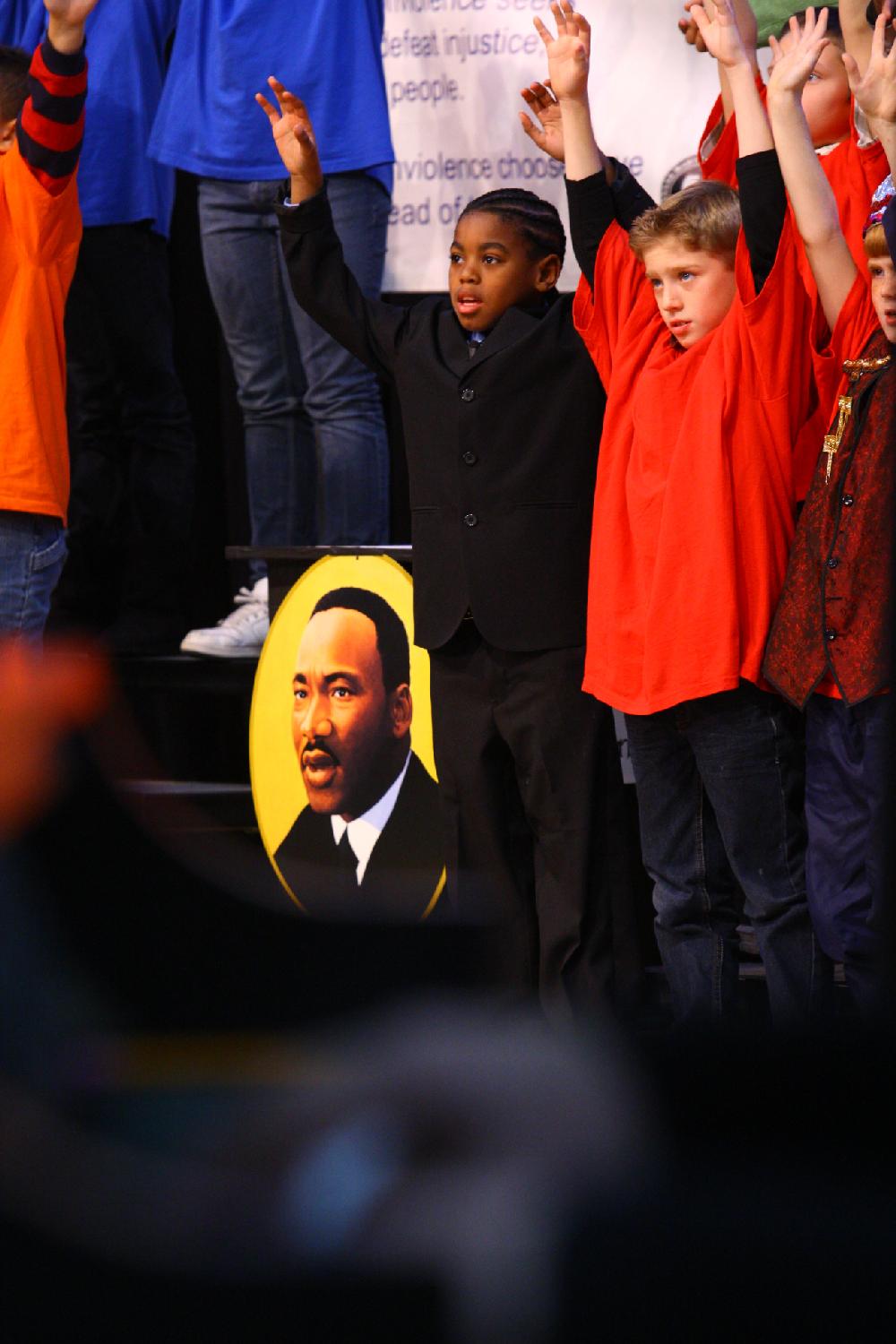 Arkansas Democrat-Gazette/STEPHEN B. THORNTON --1-13-12--
A presentation celebrating of Dr. King's life and work Friday afternoon at Booker Arts Magnet Elementary School in Little Rock. The musical play tin Luther King, Jr. The Story of a Dream