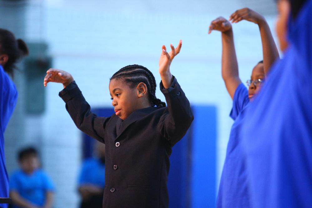 Arkansas Democrat-Gazette/STEPHEN B. THORNTON --1-13-12--
A presentation celebrating of Dr. King's life and work Friday afternoon at Booker Arts Magnet Elementary School in Little Rock. The musical play tin Luther King, Jr. The Story of a Dream