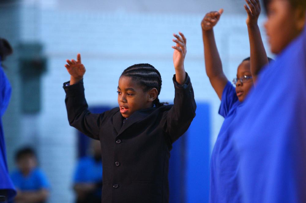 Arkansas Democrat-Gazette/STEPHEN B. THORNTON --1-13-12--
A presentation celebrating of Dr. King's life and work Friday afternoon at Booker Arts Magnet Elementary School in Little Rock. The musical play tin Luther King, Jr. The Story of a Dream