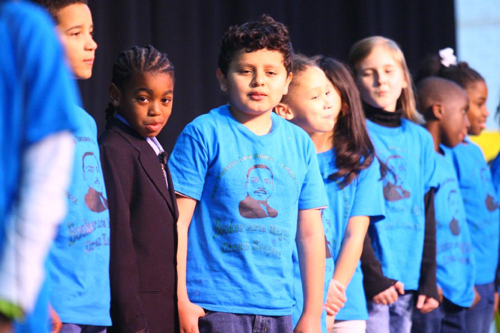 Arkansas Democrat-Gazette/STEPHEN B. THORNTON --1-13-12--
A presentation celebrating of Dr. King's life and work Friday afternoon at Booker Arts Magnet Elementary School in Little Rock. The musical play tin Luther King, Jr. The Story of a Dream