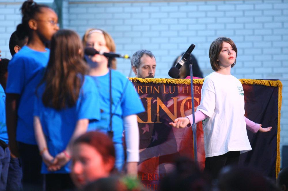 Arkansas Democrat-Gazette/STEPHEN B. THORNTON --1-13-12--
A presentation celebrating of Dr. King's life and work Friday afternoon at Booker Arts Magnet Elementary School in Little Rock. The musical play tin Luther King, Jr. The Story of a Dream