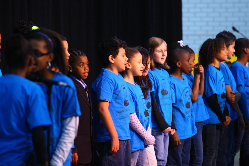 Arkansas Democrat-Gazette/STEPHEN B. THORNTON --1-13-12--
A presentation celebrating of Dr. King's life and work Friday afternoon at Booker Arts Magnet Elementary School in Little Rock. The musical play tin Luther King, Jr. The Story of a Dream