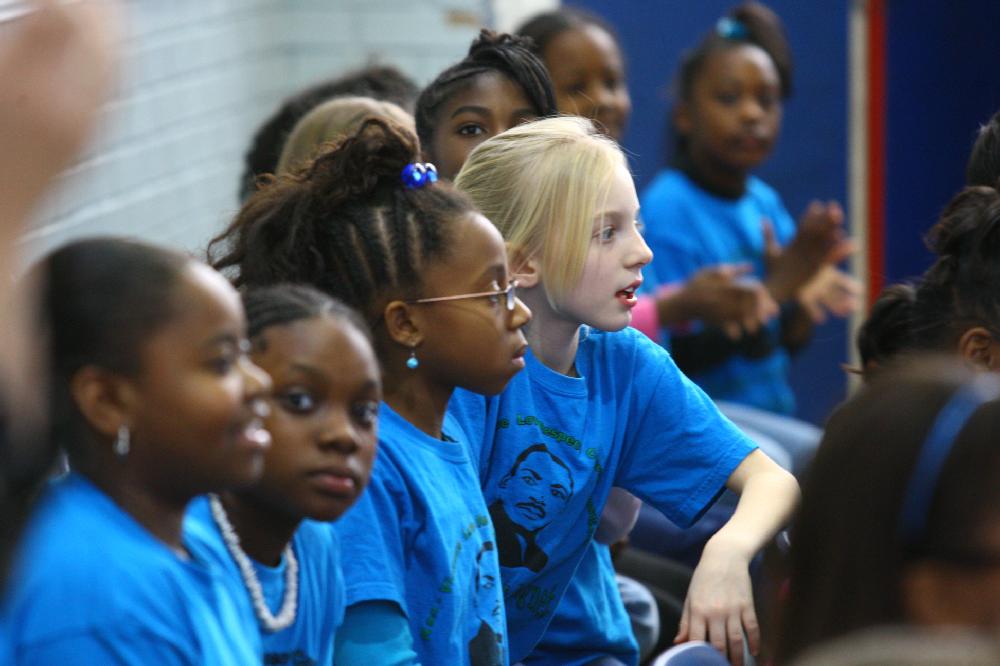 Arkansas Democrat-Gazette/STEPHEN B. THORNTON --1-13-12--
A presentation celebrating of Dr. King's life and work Friday afternoon at Booker Arts Magnet Elementary School in Little Rock. The musical play tin Luther King, Jr. The Story of a Dream