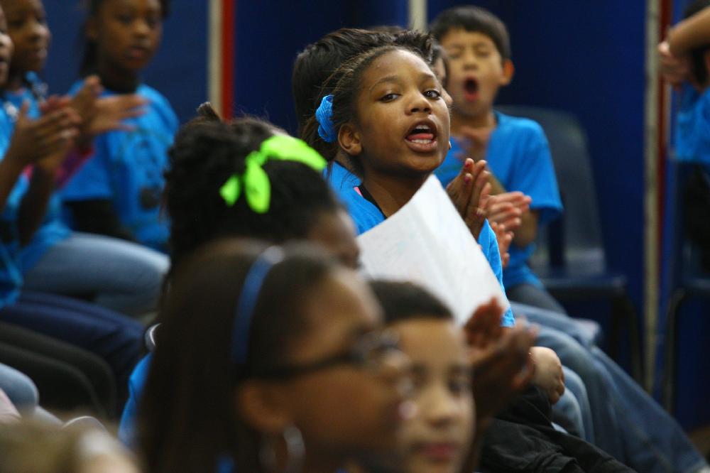 Arkansas Democrat-Gazette/STEPHEN B. THORNTON --1-13-12--
A presentation celebrating of Dr. King's life and work Friday afternoon at Booker Arts Magnet Elementary School in Little Rock. The musical play tin Luther King, Jr. The Story of a Dream