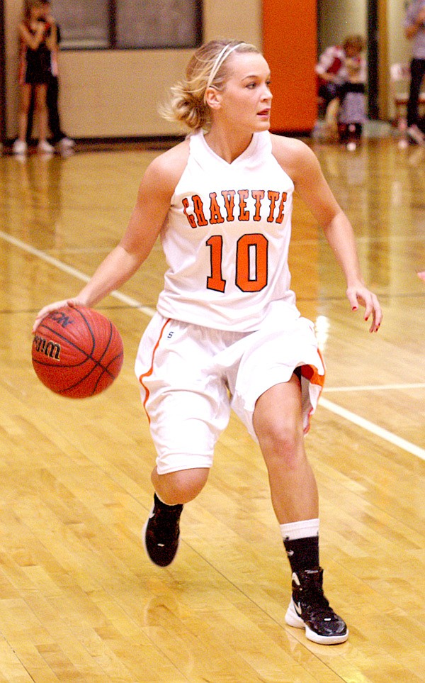 Gravette senior Shyanne Nichols brings the ball downcourt in play against Farmington on Jan. 27.