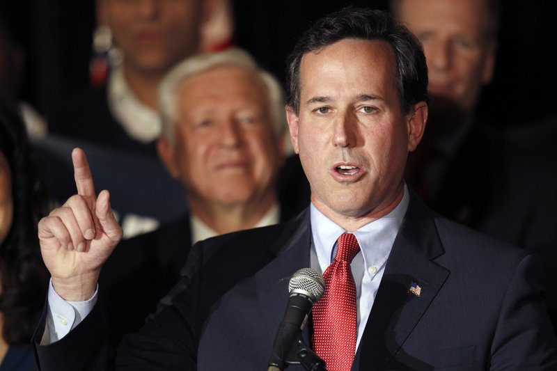 Republican presidential candidate former Pennsylvania Sen. Rick Santorum speaks during a primary night watch party Tuesday, Feb. 7, 2012, in St. Charles, Mo. 