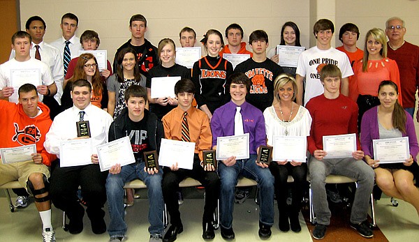 Gravette FBLA competitors are, from the left, front row, Logan Hirsch, Seth Rutherford, Noah Smith, Carson Alsup, Sayer Smith, Haley House, Zach Griffin, Emma Roman. Second row, Joshua Lockhart, Jayla Brown, Hailey Kara, Stephanie Birch, Denyce Williams, Wyatt Gibbons, Tristen Kahanek, Jacquelynn Janes. Third row, Chad Houtchens, Aaron Hutchens, Sam Reister, Alex Lovell, Zach Deatherage, Taylor Fournier, Aubree Garrett, Ricky Wolfinbarger and Harry Almond, sponsor. Haley House was elected District FBLA Reporter at the recent district competition held in Springdale.