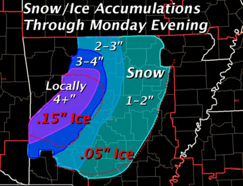 The National Weather Service expects 3-4 inches of snow across the state on Monday. Ice accumulations could reach a tenth to two tenths of an inch.