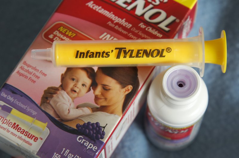 A container of grape-flavored Infants' Tylenol liquid medicine with the enclosed syringe and flow restrictor is posed in Moreland Hills, Ohio on Friday, Feb. 17, 2012. A Johnson & Johnson consumer health business plagued by product recalls says it is pulling some versions of infant Tylenol off store shelves due to problems with a device that helps measure dosing. 