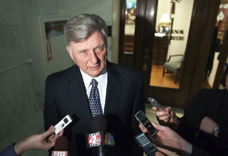 Arkansas Gov. Mike Beebe speaks with reporters at the Arkansas state Capitol in Little Rock, Ark., Tuesday, Feb. 21, 2012. (AP Photo/Danny Johnston)