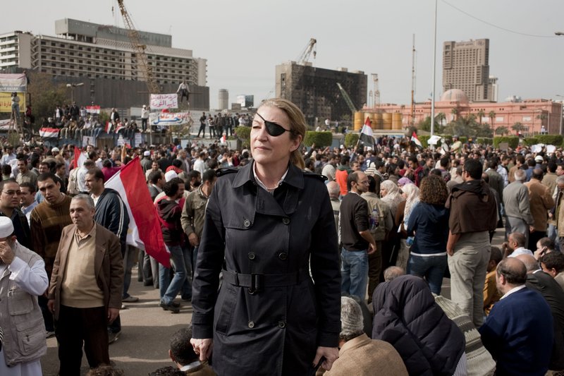 This is an undated image made available Wednesday Feb. 22, 2012 by the Sunday Times in London show Times journalist Marie Colvin photographed in Tahrir square in Cairo.