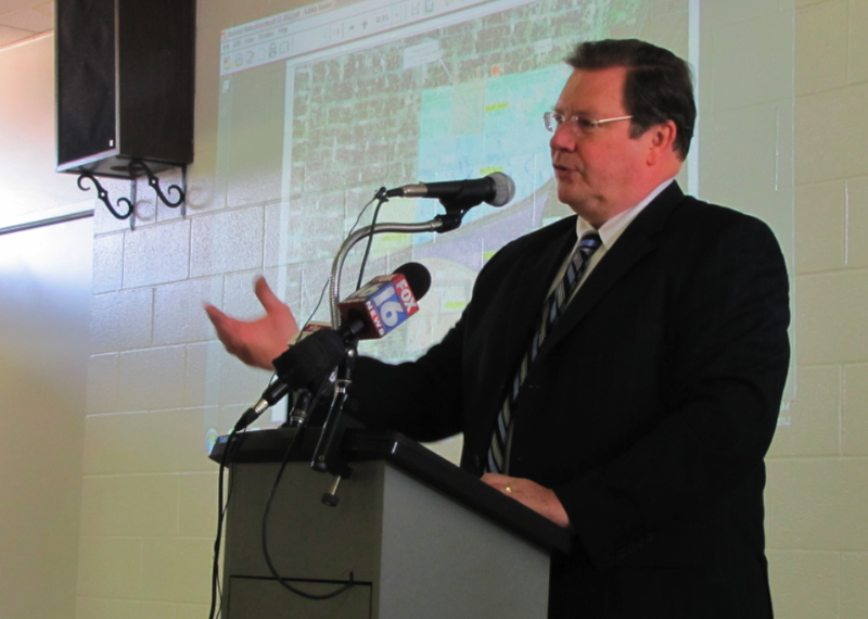 With a map detailing options for expanding the Arkansas State Fairgrounds as his backdrop, Little Rock Mayor Mark Stodola makes a pitch Thursday for having the fair stay where it is rather than moving.