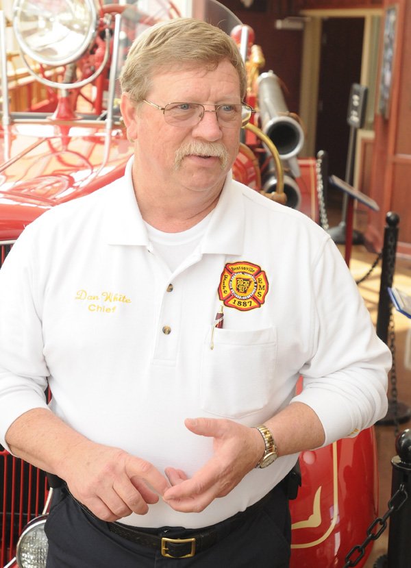 Bentonville Fire Chief Dan White names farming, shoeing horses and raising alpacas from a long list of retirement plans Friday at Station No. 1 in Bentonville. White is retiring in April after serving 11 years as fire chief.
