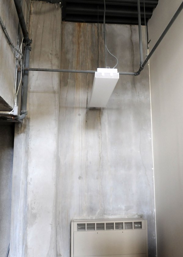 One of the stairwells at Arvest Ballpark shows signs of water leakage Friday in Springdale. The city is working with the architects, formerly HOK Sports Venues and now Populous, and the contractor, Crossland Construction, to see what needs to be done.
