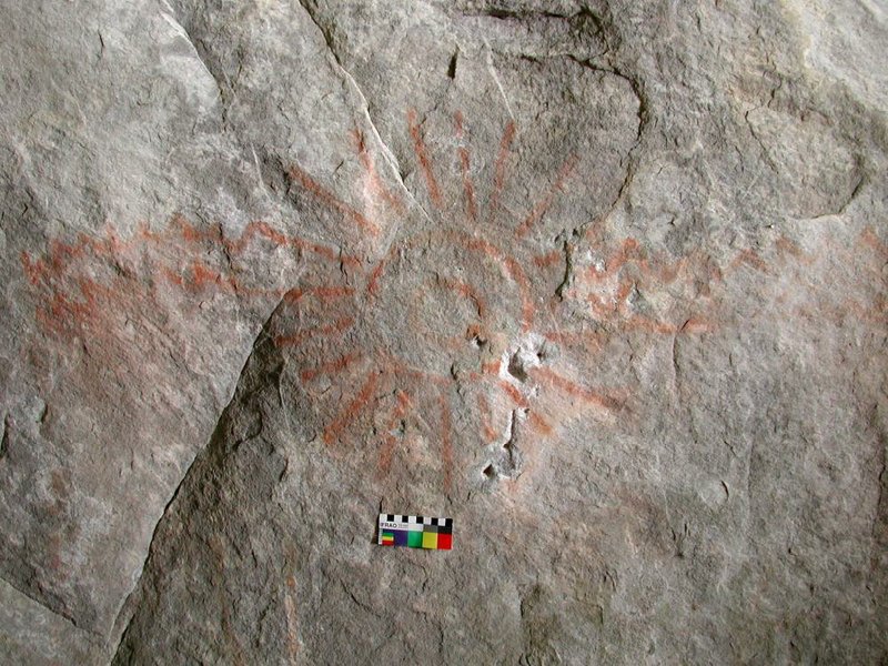 A sunburst pictograph, photographed in the Yellville area. 