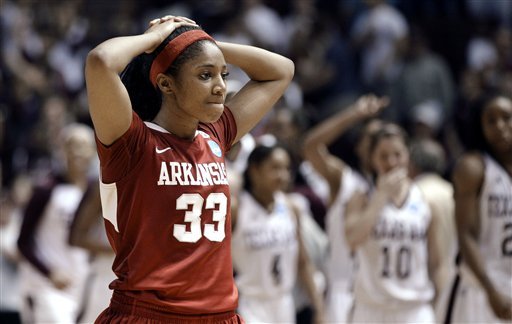 Arkansas' Lyndsay Harris (33) reacts after Arkansas' 61-59 loss to Texas A&M in the second-round if the women's NCAA Tournament on Monday in College Station, Texas.

