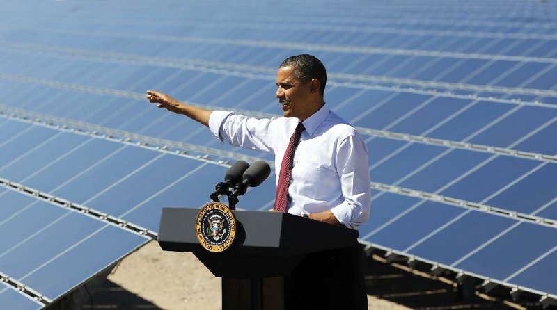 President Barack Obama speaks at Copper Mountain Solar 1 Facility in Boulder City, Nev.,Wednesday, March, 21, 2012. (AP Photo/Pablo Martinez Monsivais)