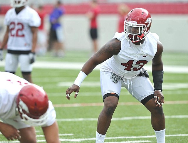 Arkansas Democrat-Gazette/MICHAEL WOODS  --03/15/2012-- University of Arkansas defensive back Tenarius Wright works out with the team Thursday during practice at Razorback Stadium in Fayetteville.