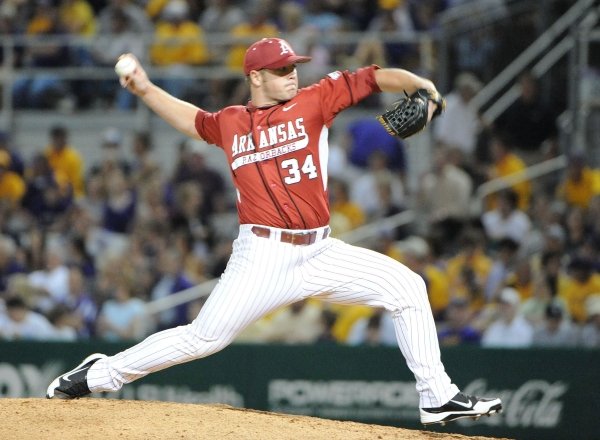 CHRIS DAIGLE/Special to ArkansasOnline -- 3/30/12 -- Arkansas reliever Colby Suggs pitches against LSU Friday night at Alex Box Stadium in Baton Rouge, La. The Razorbacks lost the game, 10-6.