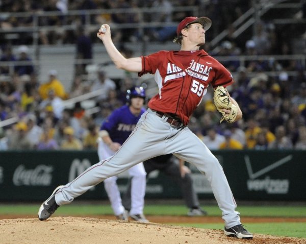 CHRIS DAIGLE/Special to ArkansasOnline -- 3/31/12 -- Arkansas starter Ryne Stanek pitches against LSU Saturday night at Alex Box Stadium in Baton Rouge, La. Despite a career-high 10 strikeouts by Stanek, the Razorbacks lost 2-1.