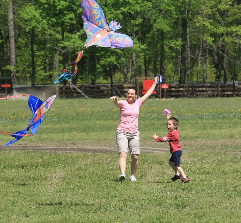 Sonya Long and her son, Gabriel, 4, struggle for liftoff during the kite flying competition March 25 at Pinnacle Mountain State Park. 