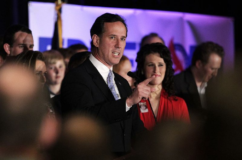 Republican presidential candidate, former Pennsylvania Sen. Rick Santorum speaks during a primary election night party in Cranberry, Pa., Tuesday, April 3, 2012.  (AP Photo/Jae C. Hong)
