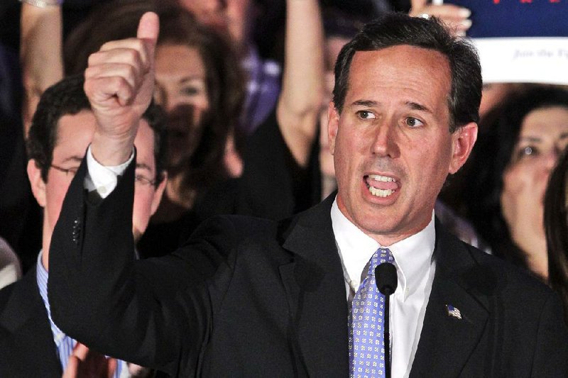Republican presidential candidate, former Pennsylvania Sen. Rick Santorum speaks to supporters at an election night party in Cranberry Township, Pa., Tuesday, April 3, 2012.  (AP Photo/Gene J. Puskar)