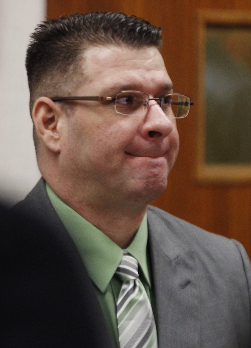 Adam Longoria watches the jury enter the courtroom during his trial in Barton County District Court in Great Bend, Kan., Friday, April 6, 2012. Longoria is charged with capital murder in the August 2010 death of Alicia DeBolt.