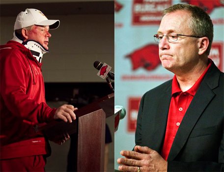 Arkansas football coach Bobby Petrino (left) was placed on paid administrative leave on Thursday by UA athletics director Jeff Long (right) after Petrino lied about details surrounding his motorcycle accident last Sunday. (AP Photos)