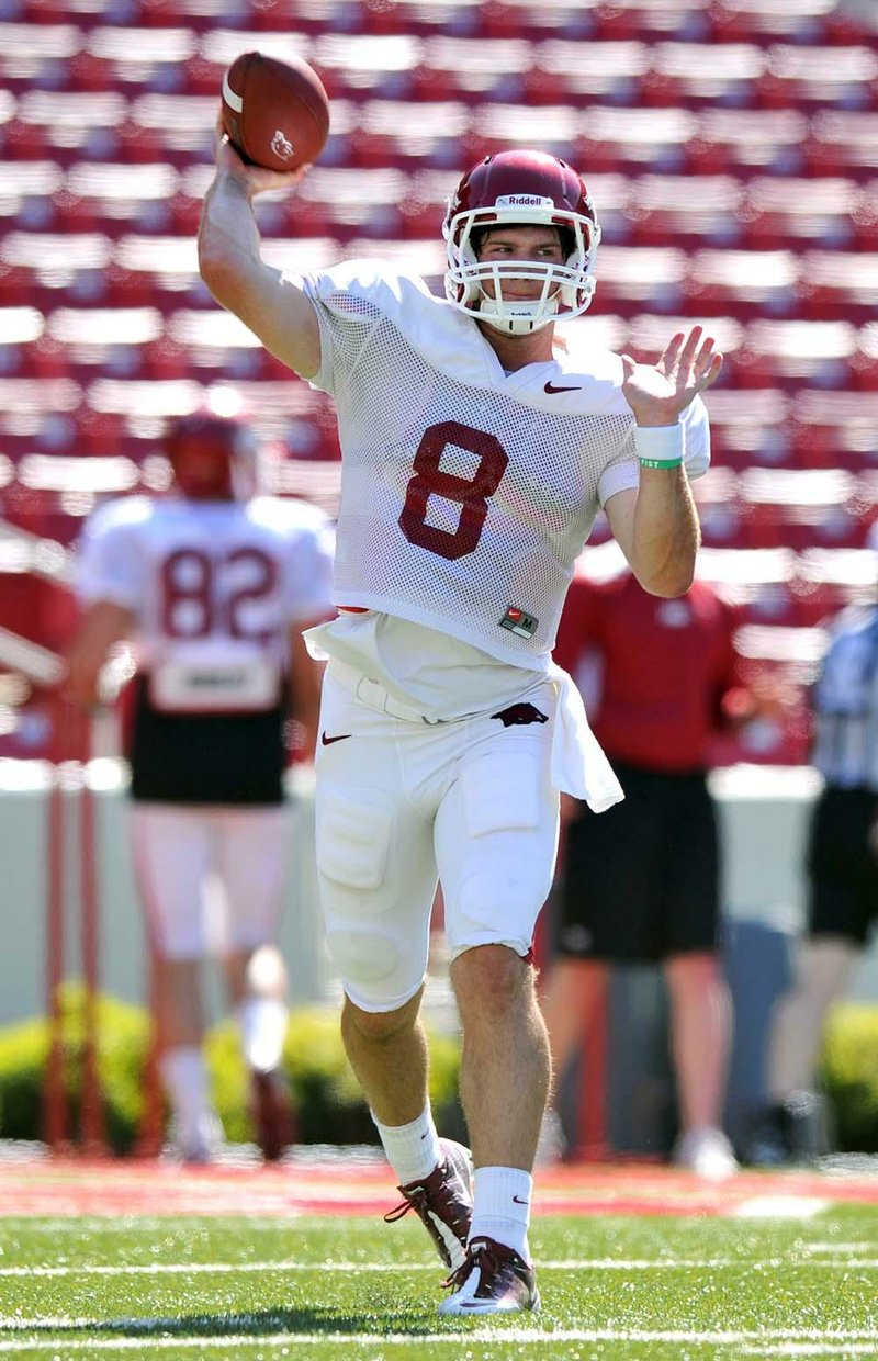 Arkansas quarterback Tyler Wilson threw for 366 yards and six touchdowns in Friday’s scrimmage at Reynolds Razorback Stadium in Fayetteville. 