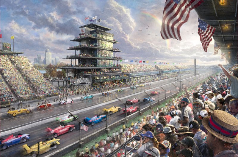 This undated photo provided by The Thomas Kinkade Company via PR Newswire shows Thomas Kinkade's New Studio Masterwork, "Indy Excitement, 100 Years of Racing at Indianapolis Motor Speedway." Kinkade, whose brushwork paintings of idyllic landscapes, cottages and churches have been big sellers for dealers across the United States, died Friday, April 6, 2012, a family spokesman said.