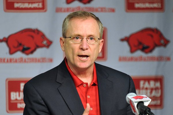 University of Arkansas Athletic Director Jeff Long addresses the media during a press conference April 5 to answer questions about Bobby Petrino's motorcycle accident on April 1. The Reynolds Foundation cited Long's leadership as the reason for a $1.25 million gift to the university to go towards construction of the new Student-Athlete Success Center on campus.