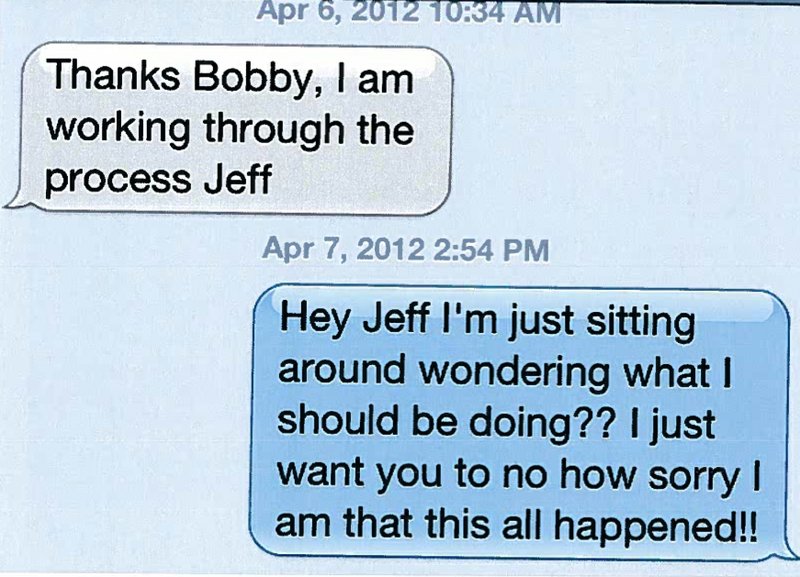 Text message dialogue between UA athletics director Jeff Long and former football coach Bobby Petrino on April 6. 