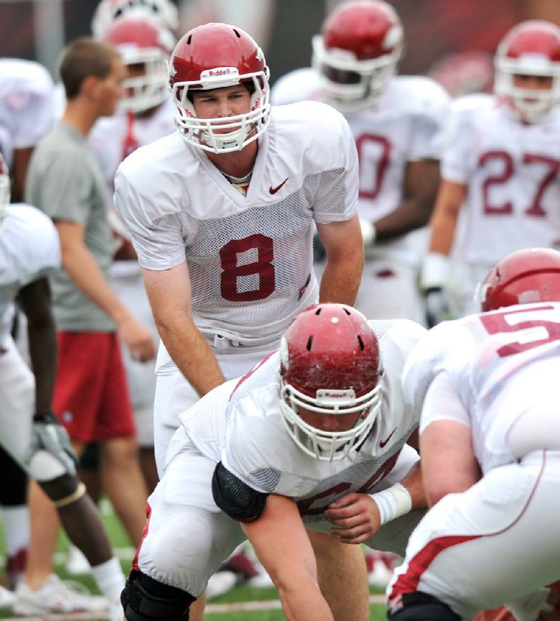 Arkansas quarterback Tyler Wilson has thrown for 1,126 yards and 13 touchdowns this spring, including going 39 of 49 for 448 yards in Friday’s scrimmage. 