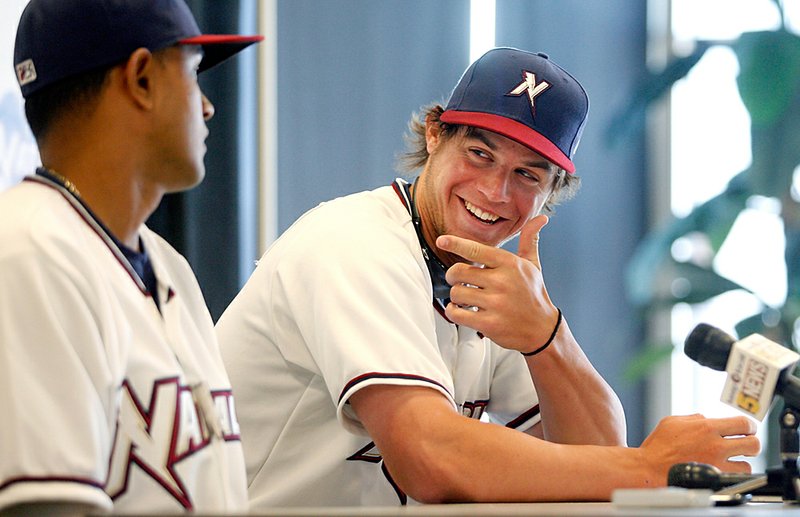 
Northwest Arkansas Naturals outfielder Wil Myers (right) and infielder Christian Colon field questions during the team's media day inside Arvest Ballpark in Springdale on Monday, April 2, 2012.