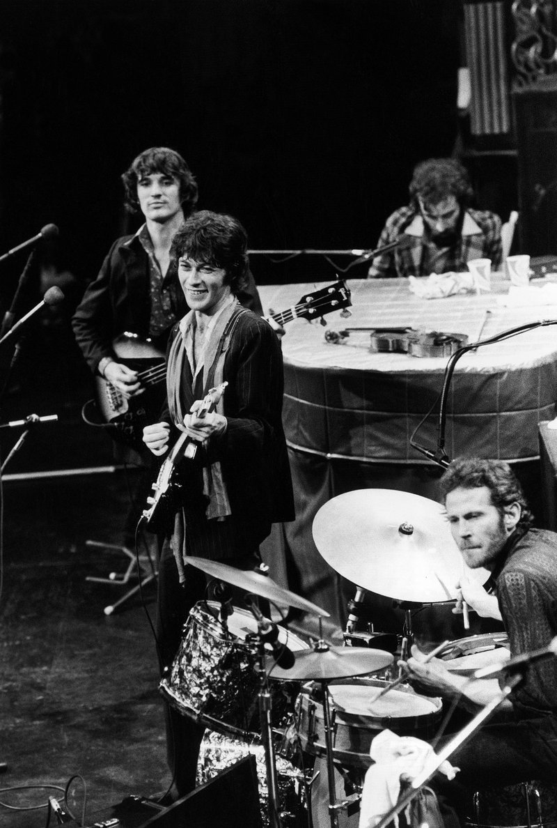 In this Nov. 27, 1976 file photo, The Band, Richard Manuel on piano, Levon Helm on drums, lead guitarist Robbie Robertson, center, and bass guitarist Rick Danko, take the stage for their final live performance before a crowd of 5,000 at Winterland Auditorium in San Francisco. A message posted Tuesday, April 17, 2012 on Levon Helm's website by his family says "Levon is in the final stages of his battle with cancer."