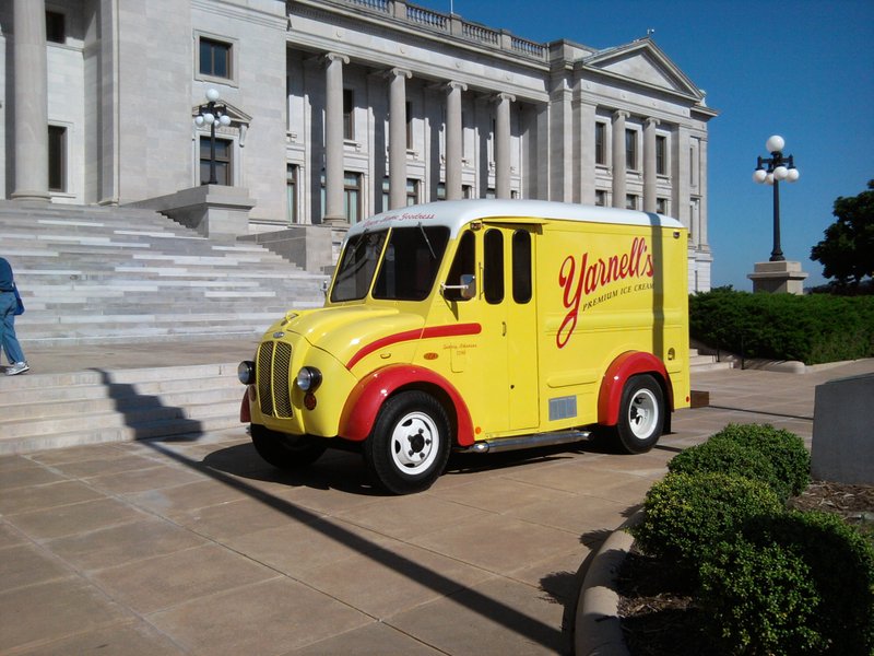 A Yarnell's truck sits outside the state Capitol on Thursday morning. The ice-cream company, long a staple in Arkansas before it closed in 2011, is back in production.