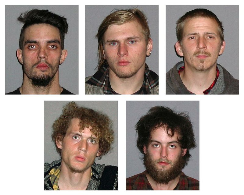 Photos provided by the FBI show five men arrested Monday, April 30, 2012, and accused of plotting to blow up a bridge near Cleveland, Ohio, the FBI announced Tuesday, May 1, 2012. Top row, from left, are Douglas Wright, Brandon Baxter and Anthony Hayne. Bottom row, from left, are Joshua Stafford and Connor Stevens. There was no danger to the public because the explosives were inoperable and were controlled by an undercover FBI employee, the agency said Tuesday in announcing the men's arrests. The target of the plot was a bridge that carries a four-lane state highway over part of the Cuyahoga Valley National Park in the Brecksville area, about 15 miles south of downtown Cleveland, the FBI said.  (AP Photo/FBI)