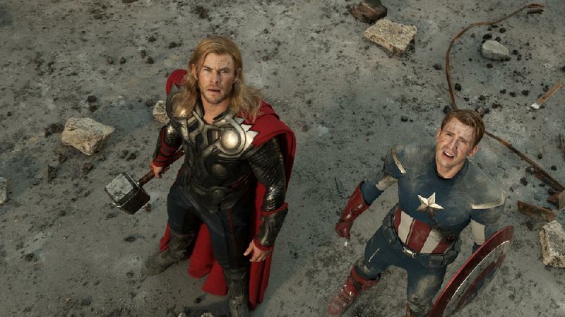 It’s a bird, it’s a plane, it’s Thor (Chris Hemsworth) and Captain America (Chris Evans) in The Avengers. 
