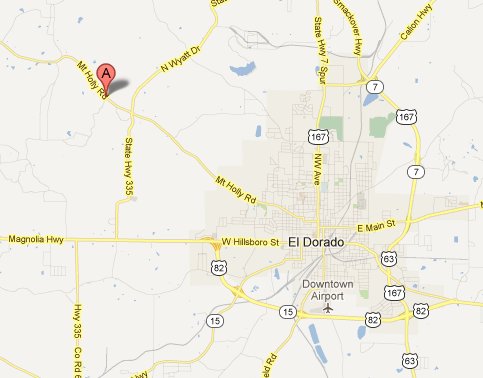 The icon on the map indicates the location of the explosion that killed three oil workers in El Dorado. The explosion happened near the intersection of State Highway 335 and Mt. Holly Road when three employees with the Long Brothers Oil Company attempted to take apart an abandoned tank battery.