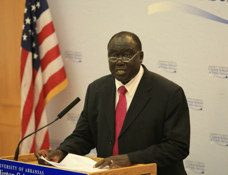 Tharcisse Karugarama, the Rwandan minister of justice and attorney general, speaks Monday at the University of Arkansas Clinton School of Public Service in Little Rock. 