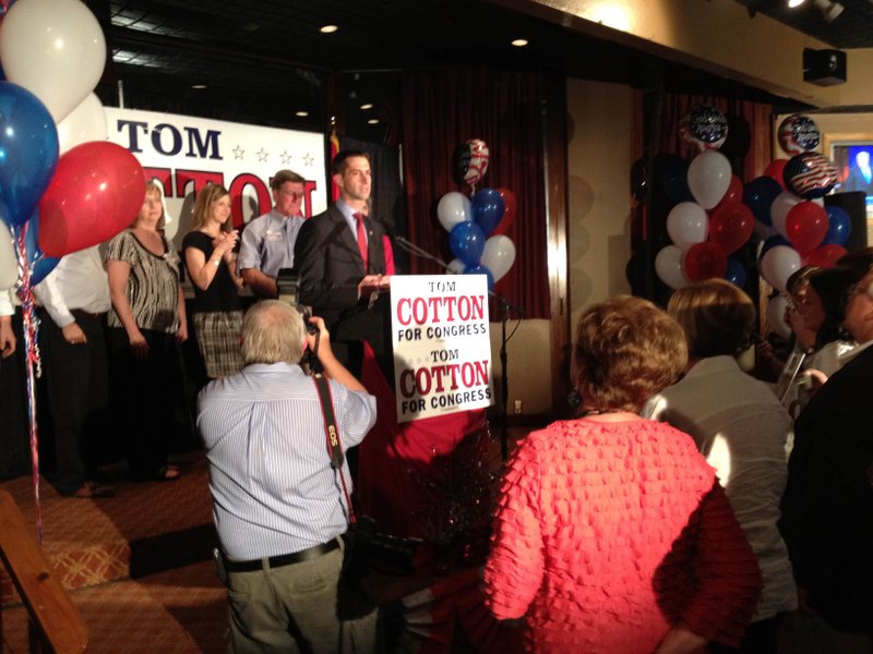 Republican candidate Tom Cotton gives his victory speech Tuesday night. Cotton  won the GOP nomination for the U.S. House, District 4.