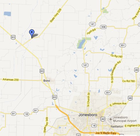 The icon indicates the community of Fontaine, AR, the area in which a plane crash that killed one person reportedly occurred.